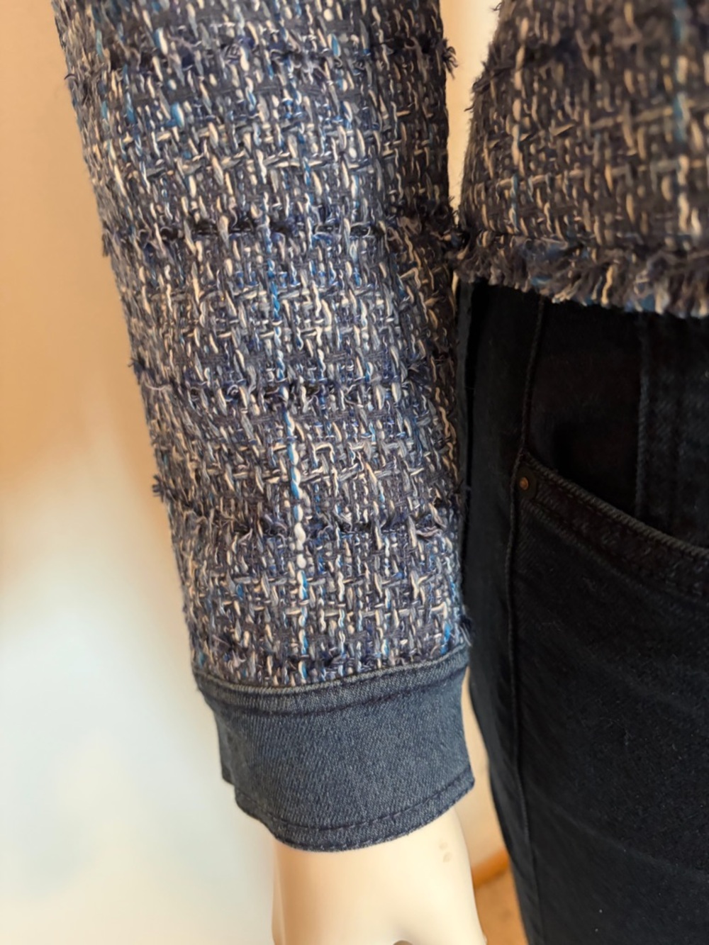 #645 ecru Mixed Media Textured Blue Tweed Collarless Jacket with denim trim - Picture 6 of 12